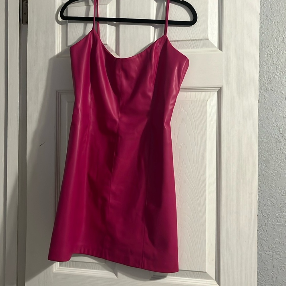 vegan leather mini slip dress hot pink
